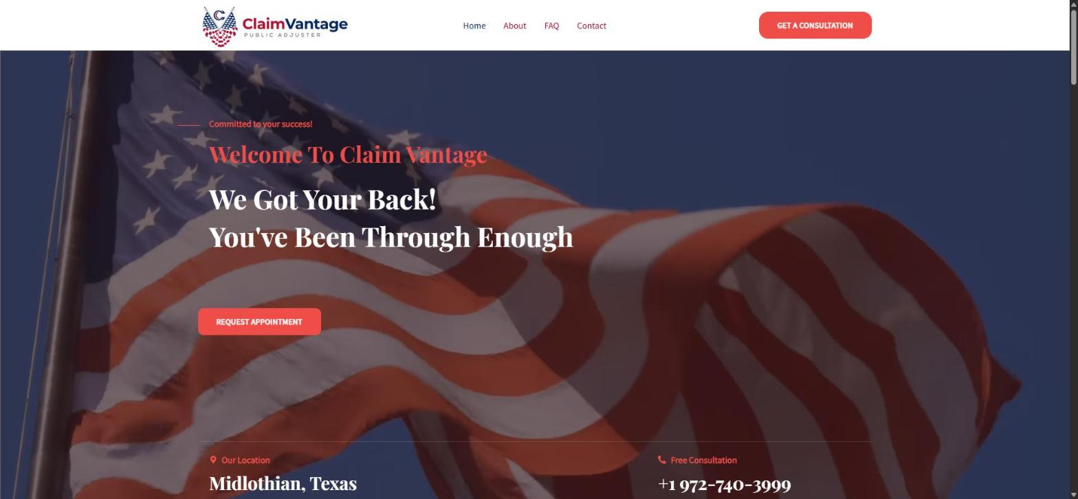 Claim Vantage website built by Grippy Code — Insurance · Texas, USA