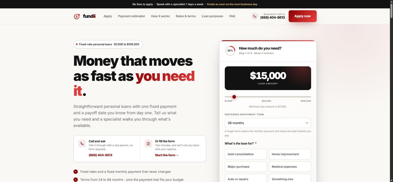 Homepage of fundii, a personal-loan lender website built by Grippy Code