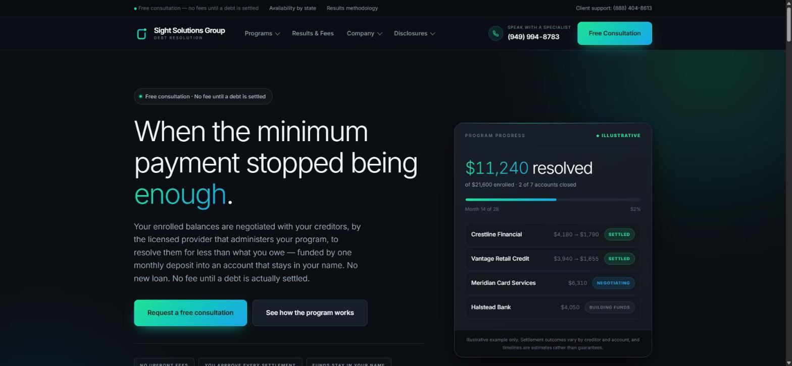 Homepage of Sight Solutions Group, a debt-resolution company website built by Grippy Code